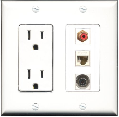 RiteAV - 15 Amp Power Outlet 1 Port RCA Red 1 Port 3.5mm 1 Port Cat6 Ethernet Ethernet White Decorative Wall Plate