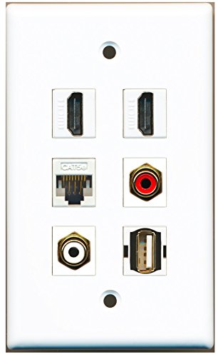 RiteAV - 2 HDMI 1 Port RCA Red 1 Port RCA White 1 Port USB A-A 1 Port Cat5e Ethernet White Wall Plate
