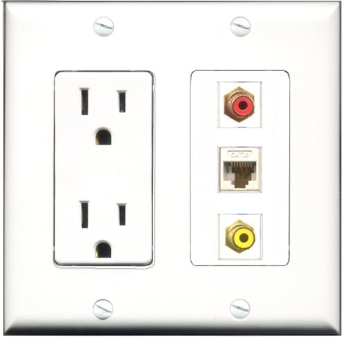 RiteAV - 15 Amp Power Outlet 1 Port RCA Red 1 Port RCA Yellow 1 Port Cat6 Ethernet Ethernet White Decorative Wall Plate