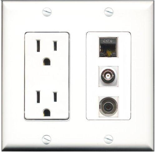 RiteAV - 15 Amp Power Outlet 1 Port Shielded Cat6 Ethernet Ethernet 1 Port 3.5mm 1 Port BNC Decorative Wall Plate