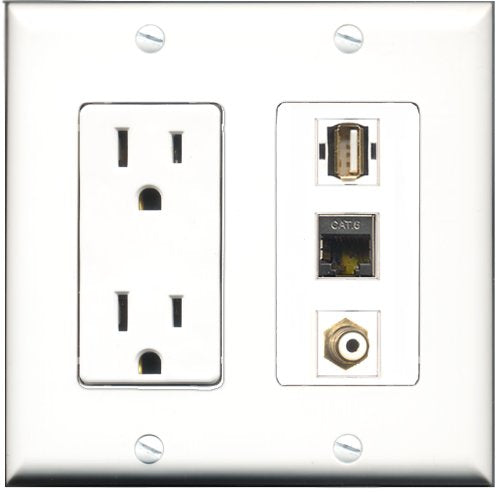 RiteAV - 15 Amp Power Outlet 1 Port RCA White 1 Port USB A-A 1 Port Shielded Cat6 Ethernet Ethernet Decorative Wall Plate