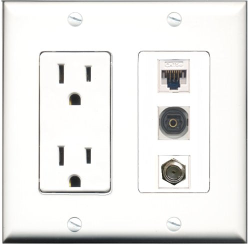 RiteAV - 15 Amp Power Outlet 1 Port Coax 1 Port Toslink 1 Port Cat5e Ethernet White Decorative Wall Plate