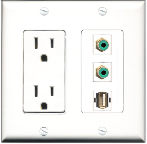 RiteAV - 15 Amp Power Outlet 2 Port RCA Green 1 Port USB A-A Decorative Wall Plate