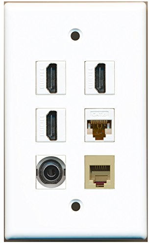 RiteAV - 3 HDMI 1 Port Phone RJ11 RJ12 Beige 1 Port 3.5mm 1 Port Cat6 Ethernet White Wall Plate