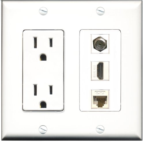RiteAV - 15 Amp Power Outlet 1 Port HDMI 1 Port Coax 1 Port Cat6 Ethernet Ethernet White Decorative Wall Plate