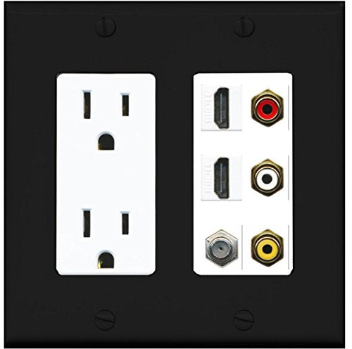 RiteAV - 2 x 15 Amp 125V Power Outlet 3 x RCA - 2 X HDMI and 1 x Coax Cable TV Port Wall Plate - Black/White