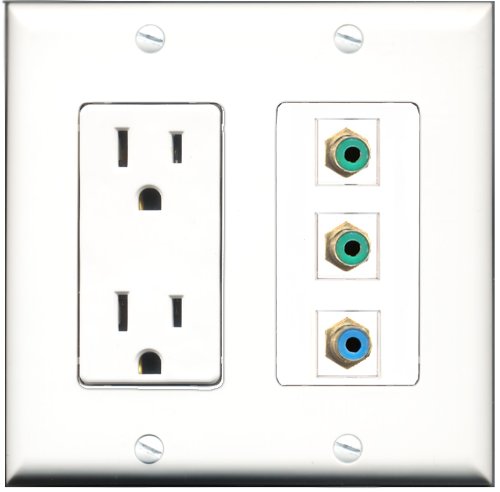 RiteAV - 15 Amp Power Outlet 2 Port RCA Green 1 Port RCA Blue Decorative Wall Plate