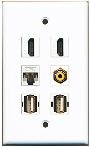 RiteAV - 2 HDMI 1 Port RCA Yellow 2 Port USB A-A 1 Port Cat5e Ethernet White Wall Plate