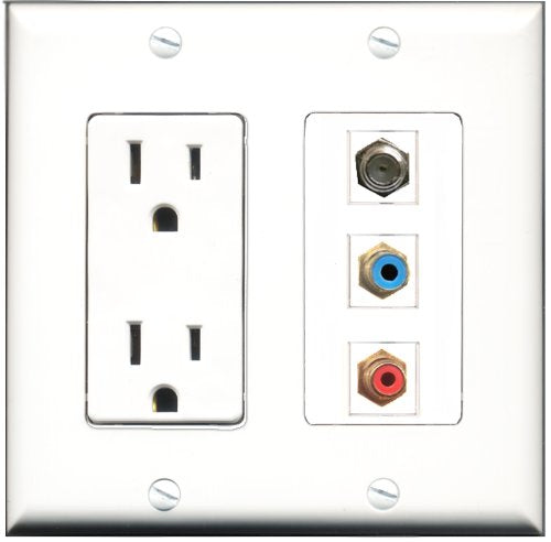RiteAV - 15 Amp Power Outlet 1 Port RCA Red 1 Port RCA Blue 1 Port Coax Decorative Wall Plate