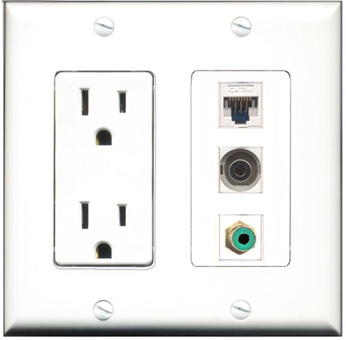 RiteAV - 15 Amp Power Outlet 1 Port RCA Green 1 Port 3.5mm 1 Port Cat5e Ethernet White Decorative Wall Plate