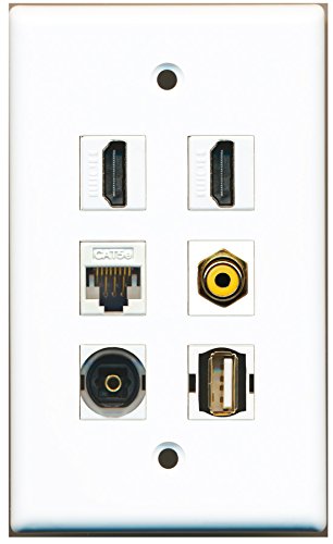 RiteAV - 2 HDMI 1 Port RCA Yellow 1 Port USB A-A 1 Port Toslink 1 Port Cat5e Ethernet White Wall Plate