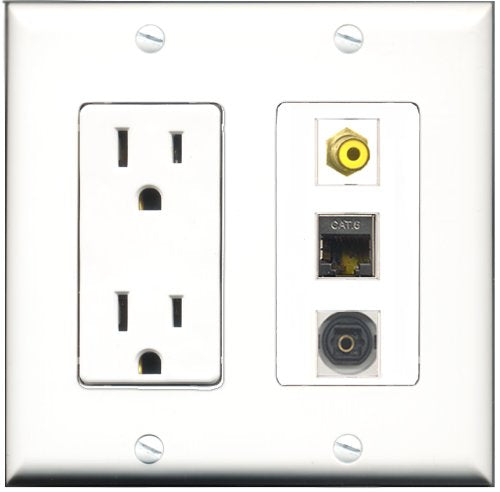 RiteAV - 15 Amp Power Outlet 1 Port RCA Yellow 1 Port Shielded Cat6 Ethernet Ethernet 1 Port Toslink Decorative Wall Plate