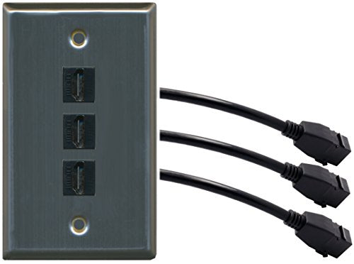 RiteAV (1 Gang Flat) 3 HDMI Black Wall Plate w/ Pigtail Extension Cable Stainless Steel