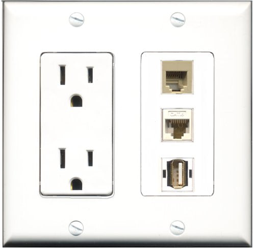 RiteAV - 15 Amp Power Outlet 1 Port USB A-A 1 Port Phone Beige 1 Port Cat6 Ethernet Ethernet White Decorative Wall Plate