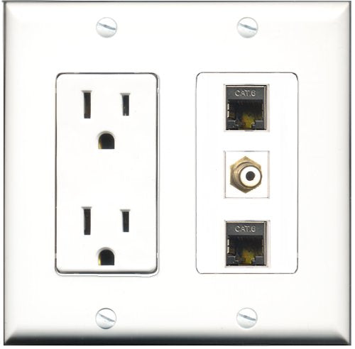 RiteAV - 15 Amp Power Outlet 1 Port RCA White 2 Port Shielded Cat6 Ethernet Ethernet Decorative Wall Plate