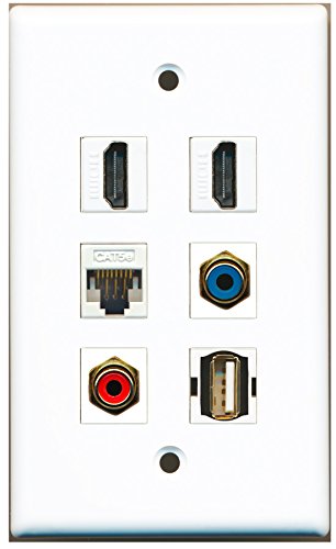 RiteAV - 2 HDMI 1 Port RCA Red 1 Port RCA Blue 1 Port USB A-A 1 Port Cat5e Ethernet White Wall Plate