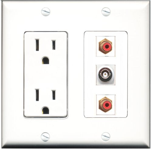 RiteAV - 15 Amp Power Outlet 2 Port RCA Red 1 Port BNC Decorative Wall Plate