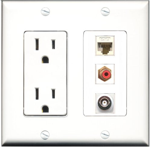 RiteAV - 15 Amp Power Outlet 1 Port RCA Red 1 Port BNC 1 Port Cat6 Ethernet Ethernet White Decorative Wall Plate