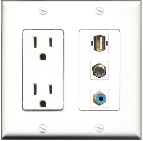 RiteAV - 15 Amp Power Outlet 1 Port RCA Blue 1 Port Coax 1 Port USB A-A Decorative Wall Plate