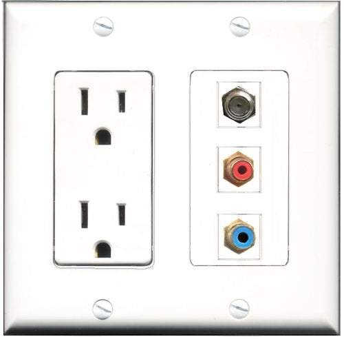 RiteAV - 15 Amp Power Outlet 1 Port RCA Red 1 Port RCA Blue 1 Port Coax Decorative Wall Plate