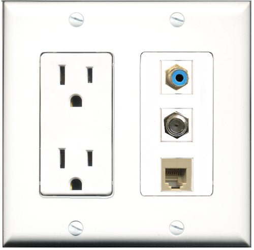 RiteAV - 15 Amp Power Outlet 1 Port RCA Blue 1 Port Coax 1 Port Phone Beige Decorative Wall Plate