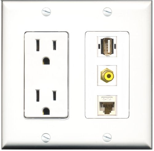 RiteAV - 15 Amp Power Outlet 1 Port RCA Yellow 1 Port USB A-A 1 Port Cat6 Ethernet Ethernet White Decorative Wall Plate