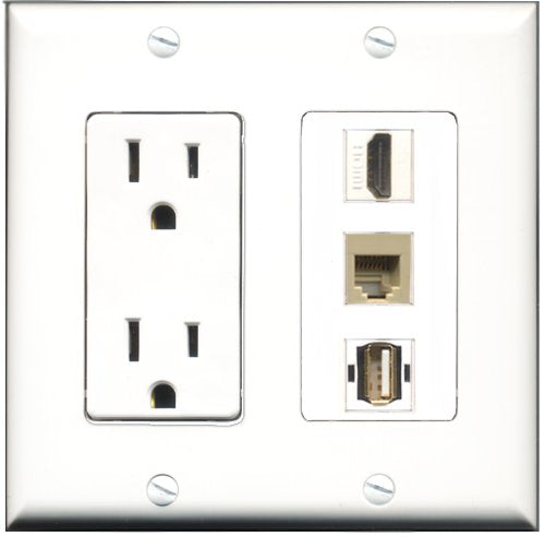 RiteAV - 15 Amp Power Outlet 1 Port HDMI 1 Port USB A-A 1 Port Phone Beige Decorative Wall Plate