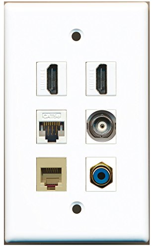 RiteAV - 2 HDMI 1 Port RCA Blue 1 Port Phone RJ11 RJ12 Beige 1 Port BNC 1 Port Cat5e Ethernet White Wall Plate