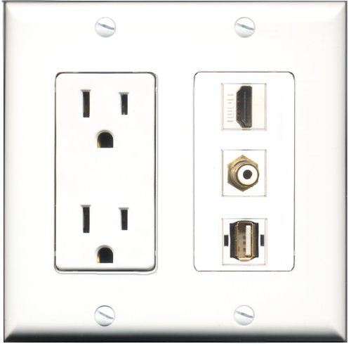 RiteAV - 15 Amp Power Outlet 1 Port HDMI 1 Port RCA White 1 Port USB A-A Decorative Wall Plate