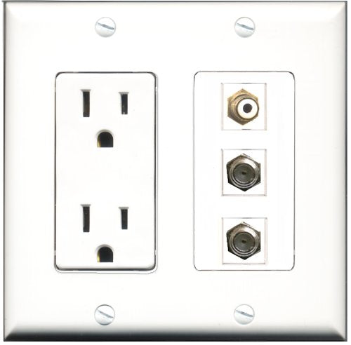 RiteAV - 15 Amp Power Outlet 1 Port RCA White 2 Port Coax Decorative Wall Plate
