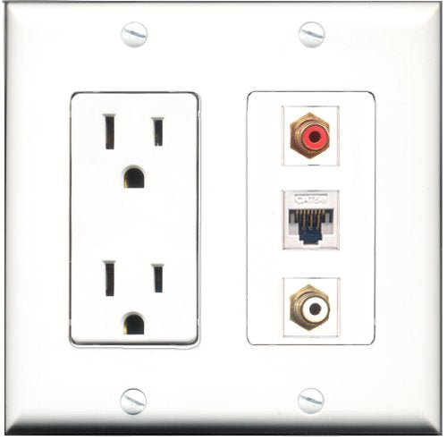 RiteAV - 15 Amp Power Outlet 1 Port RCA Red 1 Port RCA White 1 Port Cat5e Ethernet White Decorative Wall Plate
