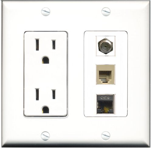 RiteAV - 15 Amp Power Outlet 1 Port Coax 1 Port Phone Beige 1 Port Shielded Cat6 Ethernet Ethernet Decorative Wall Plate