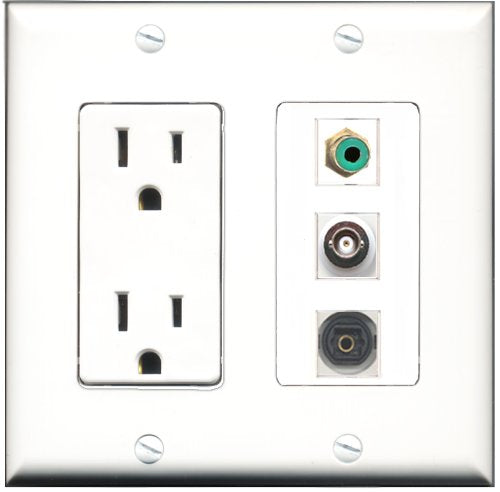 RiteAV - 15 Amp Power Outlet 1 Port RCA Green 1 Port Toslink 1 Port BNC Decorative Wall Plate