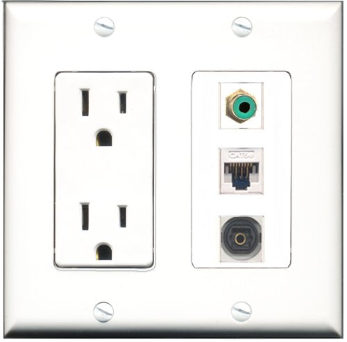 RiteAV - 15 Amp Power Outlet 1 Port RCA Green 1 Port Toslink 1 Port Cat5e Ethernet White Decorative Wall Plate