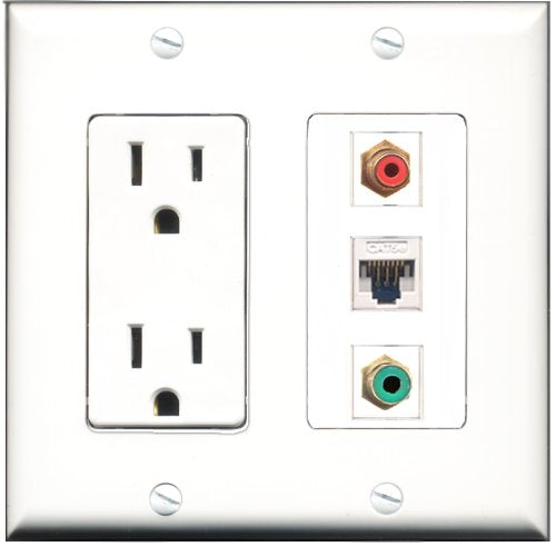 RiteAV - 15 Amp Power Outlet 1 Port RCA Red 1 Port RCA Green 1 Port Cat5e Ethernet White Decorative Wall Plate
