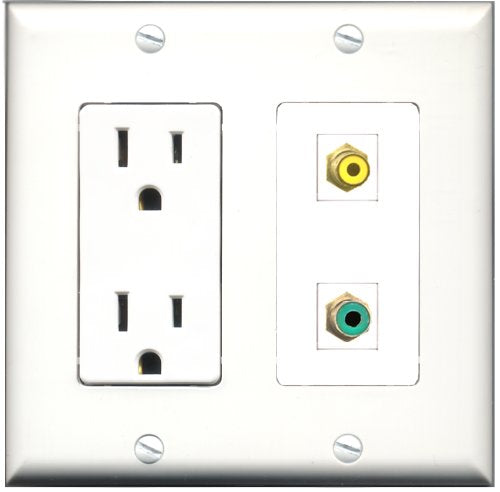 RiteAV - 15 Amp Power Outlet and 1 Port RCA Yellow and 1 Port RCA Green Decorative Type Wall Plate White