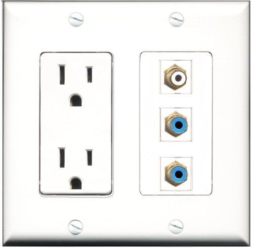 RiteAV - 15 Amp Power Outlet 1 Port RCA White 2 Port RCA Blue Decorative Wall Plate