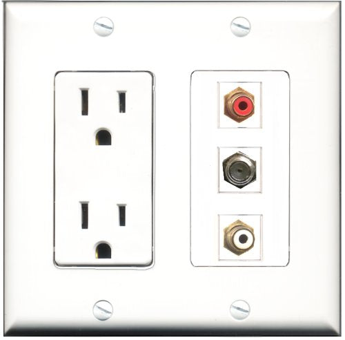 RiteAV - 15 Amp Power Outlet 1 Port RCA Red 1 Port RCA White 1 Port Coax Decorative Wall Plate