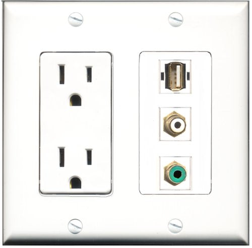 RiteAV - 15 Amp Power Outlet 1 Port RCA White 1 Port RCA Green 1 Port USB A-A Decorative Wall Plate