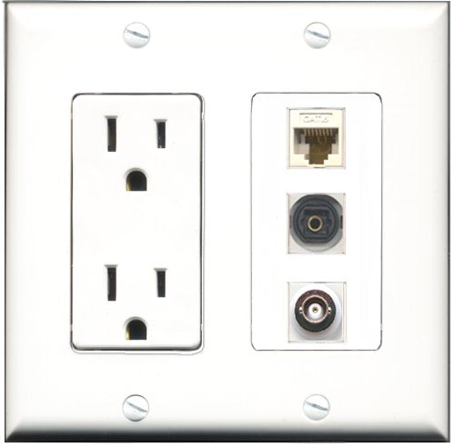 RiteAV - 15 Amp Power Outlet 1 Port Toslink 1 Port BNC 1 Port Cat6 Ethernet Ethernet White Decorative Wall Plate