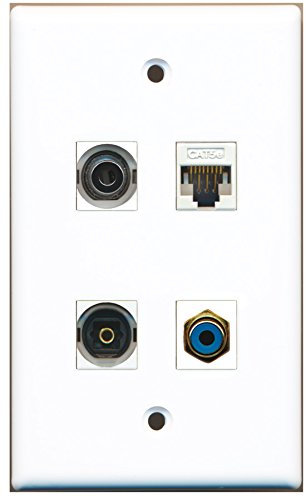 RiteAV - 1 Port RCA Blue 1 Port Toslink 1 Port 3.5mm 1 Port Cat5e Ethernet White Wall Plate