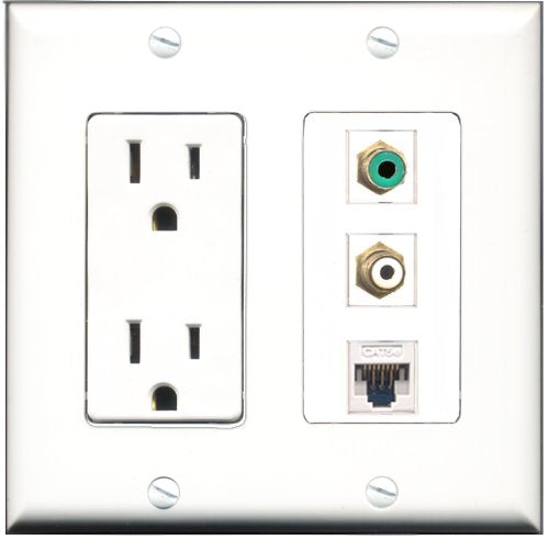 RiteAV - 15 Amp Power Outlet 1 Port RCA White 1 Port RCA Green 1 Port Cat5e Ethernet White Decorative Wall Plate