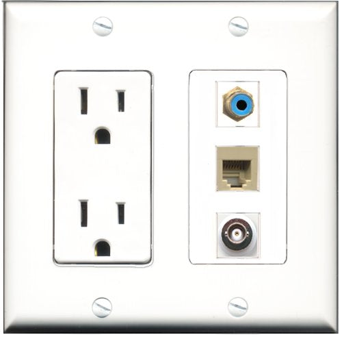 RiteAV - 15 Amp Power Outlet 1 Port RCA Blue 1 Port Phone Beige 1 Port BNC Decorative Wall Plate