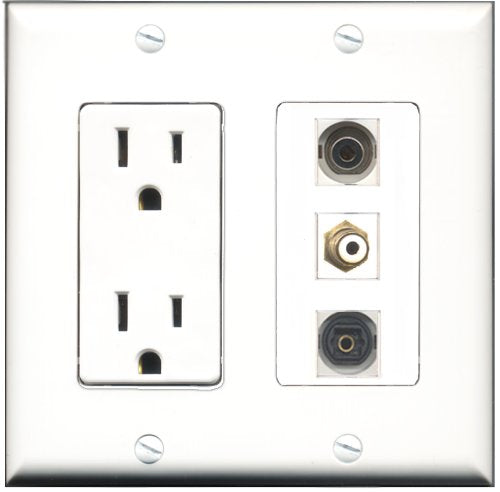 RiteAV - 15 Amp Power Outlet 1 Port RCA White 1 Port Toslink 1 Port 3.5mm Decorative Wall Plate