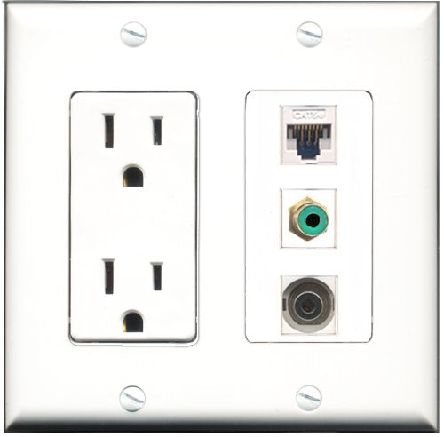 RiteAV - 15 Amp Power Outlet 1 Port RCA Green 1 Port 3.5mm 1 Port Cat5e Ethernet White Decorative Wall Plate