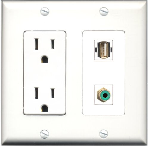 RiteAV - 15 Amp Power Outlet and 1 Port RCA Green and 1 Port USB A-A Decorative Type Wall Plate White