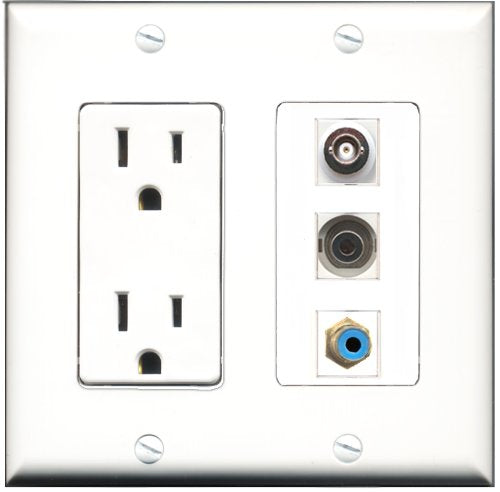 RiteAV - 15 Amp Power Outlet 1 Port RCA Blue 1 Port 3.5mm 1 Port BNC Decorative Wall Plate