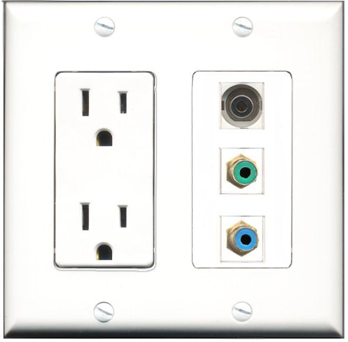 RiteAV - 15 Amp Power Outlet 1 Port RCA Green 1 Port RCA Blue 1 Port 3.5mm Decorative Wall Plate