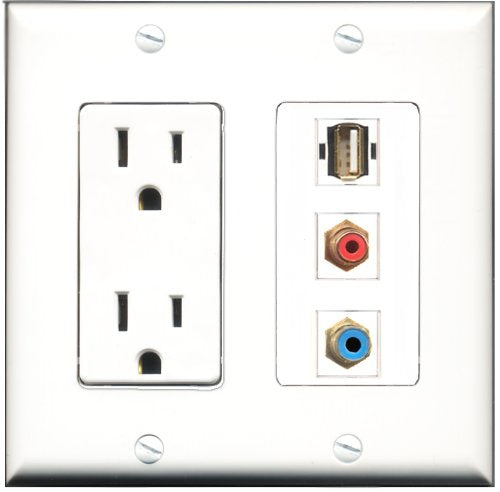 RiteAV - 15 Amp Power Outlet 1 Port RCA Red 1 Port RCA Blue 1 Port USB A-A Decorative Wall Plate