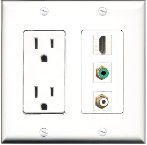 RiteAV - 15 Amp Power Outlet 1 Port HDMI 1 Port RCA White 1 Port RCA Green Decorative Wall Plate